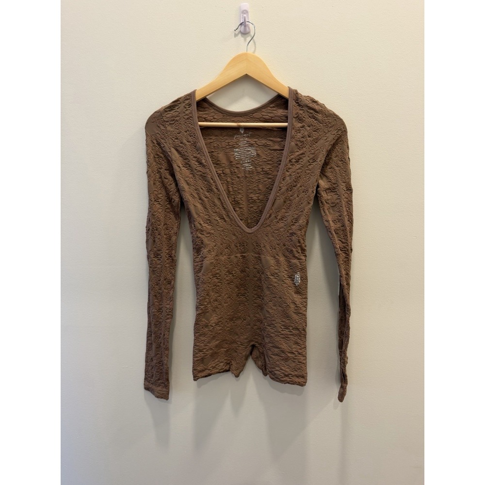 Free People XS/S Brown Floral Textured Long Sleeve Deep V Neck Romper Boho Y2K